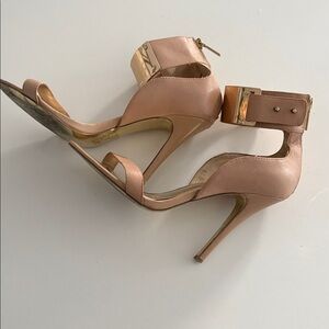 8 Bebe Jayla High Nude Leather Heels with Gold tone details